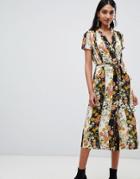 Mango Button Down Midi Dress In Mixed Florals - Multi