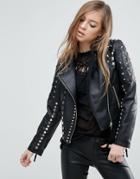 Asos Ultimate Leather Biker Jacket With Diamond Quilting And Stud Detail - Black