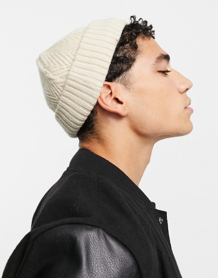 Asos Design Mini Fisherman Beanie In Beige Chevron Design-neutral