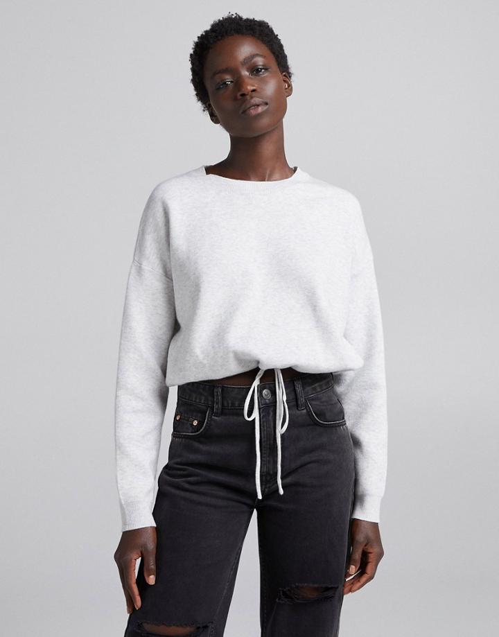 Bershka Adjustable Drawstring Waist Cropped Sweater In Gray Heather-grey