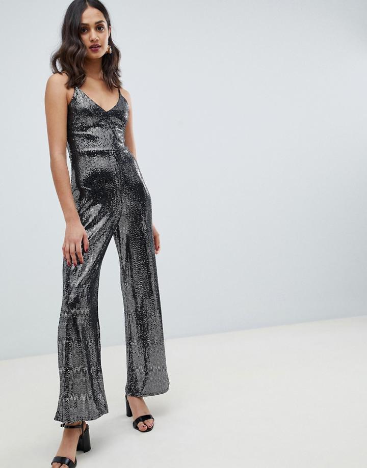 Miss Selfridge Jumpsuit In Gunmetal Sequin - Silver