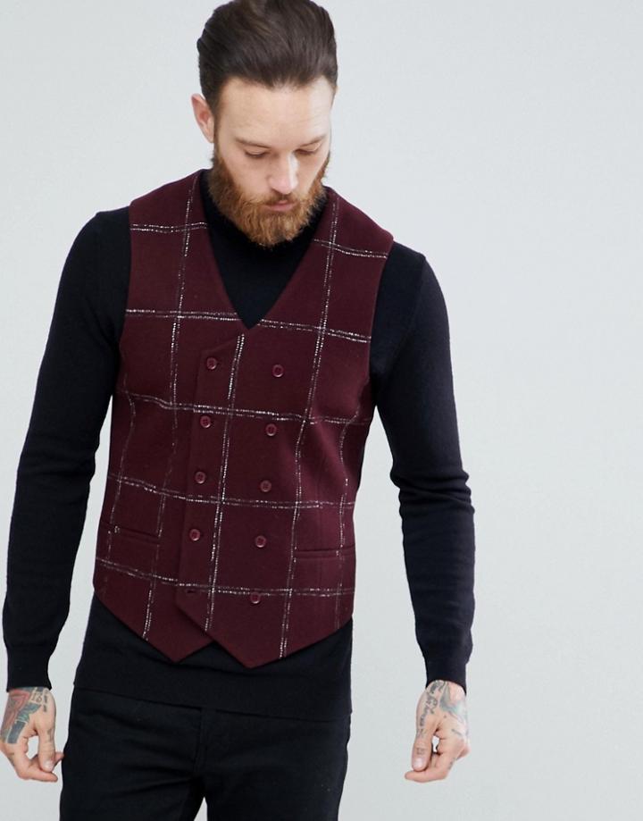 Asos Slim Vest In Moons Wool Rich Burgundy Check - Red