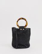 Mango Woven Bucket Bag With Tortoiseshell Handles In Black - Black