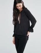 Love Long Sleeve Top With Tie Neck - Black