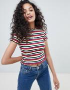 Asos Design 90s Top In Retro Stripe With Short Sleeve Lettuce Edges - Multi