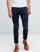 Asos Skinny Jeans With Rip And Repair In Dark Blue - Blue