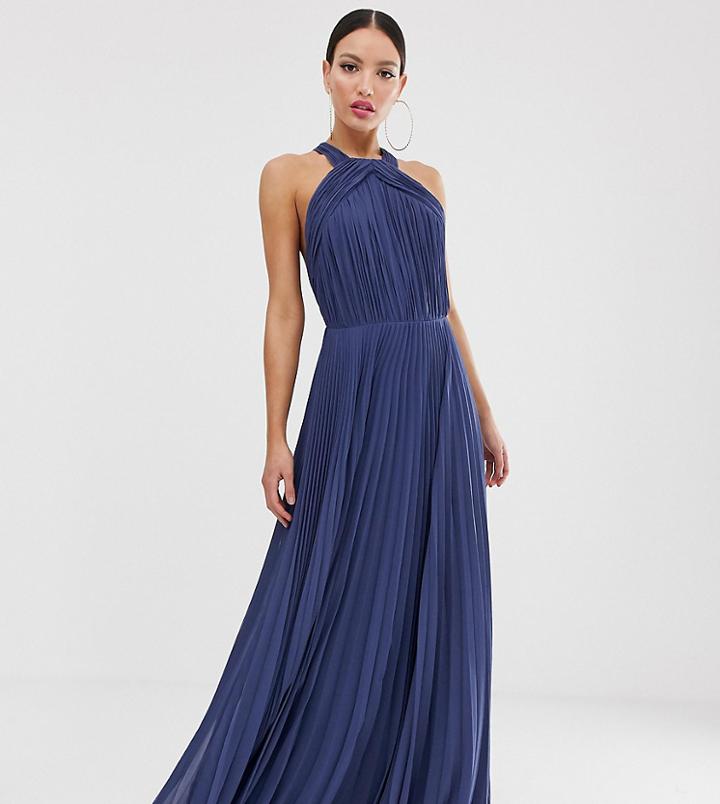 Asos Design Tall Pleated Bodice Halter Maxi Dress-blue