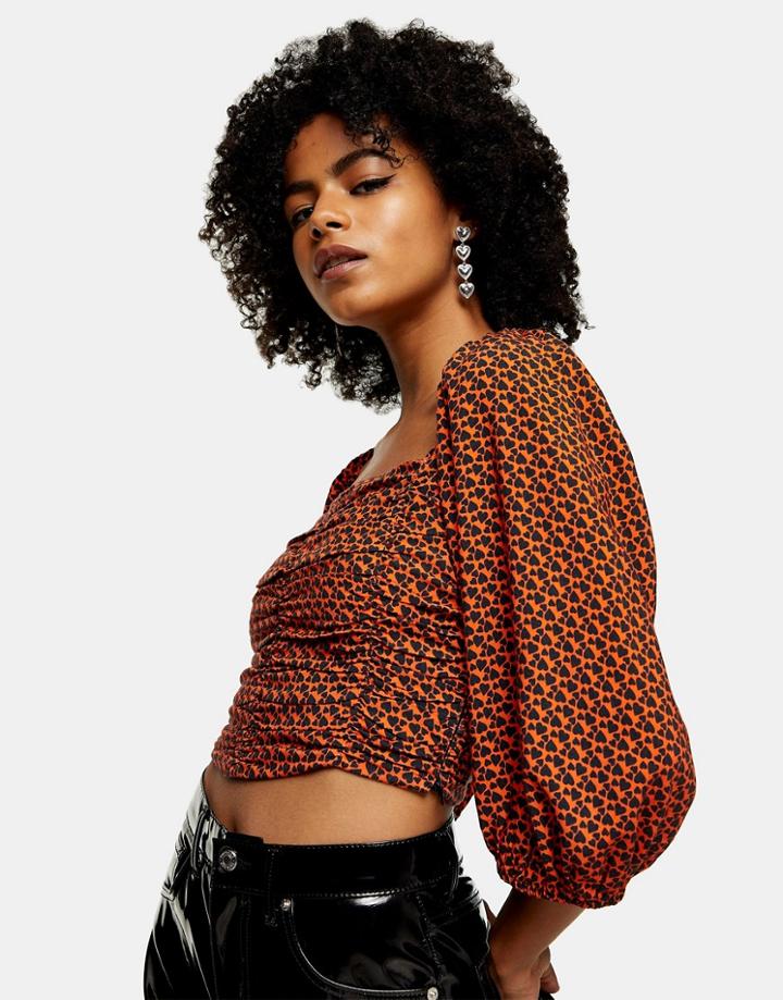 Topshop Ruched Cropped Blouse In Red Heart Print-multi