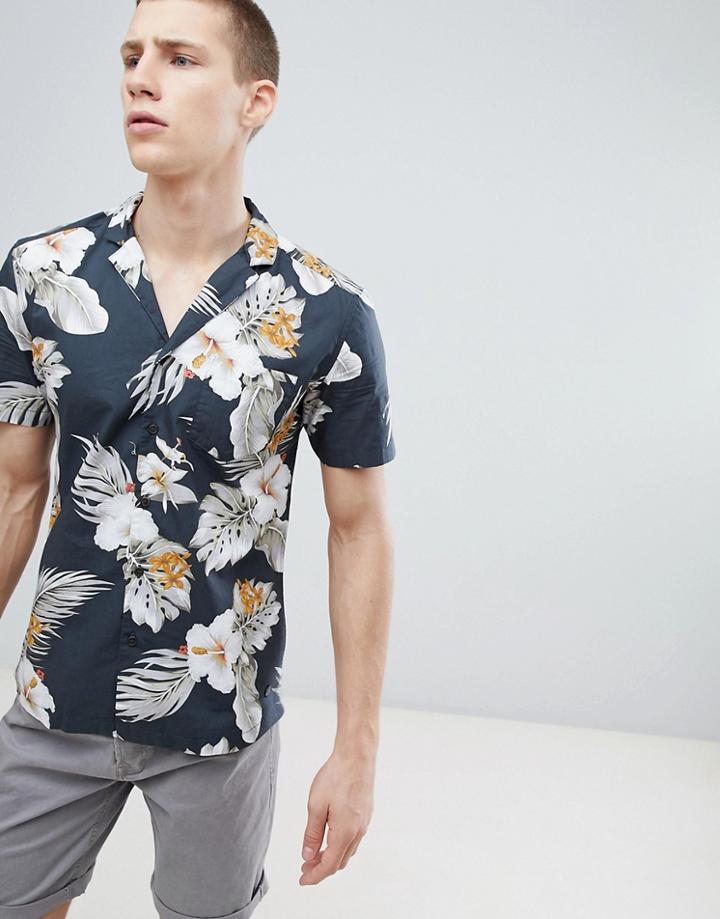 Esprit Regular Fit Shirt With Revere Collar In Hibiscus Print - Brown