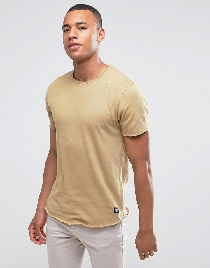 Solid T-shirt In Curved Hem With Raglan Sleeve - Beige
