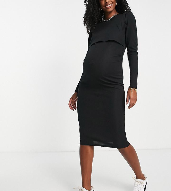 Missguided Maternity Ribbed Midi Nursing Dress In Black