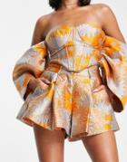 Asos Luxe Full Shorts In Orange Floral Jacquard - Part Of A Set-multi