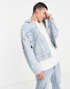 Asos Design Oversized Denim Jacket In Mid Wash Blue With Rips