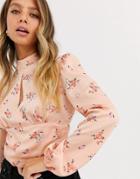 Miss Selfridge Satin Blouse With Keyhole In Pink Floral Print-beige