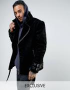 Mennace Faux Suede Aviator Jacket In Black With Faux Fur Lining - Blac