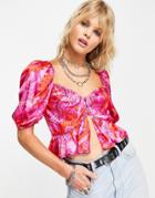 Topshop Peplum Button Tea Top In Bold Floral In Pink