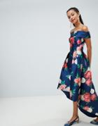 Chi Chi London Floral Printed Bardot Midi Dress With High Low Hem - Multi
