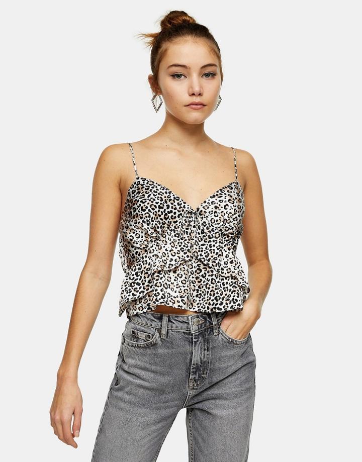 Topshop Satin Cami With Ruffle Detail In Animal Print-multi