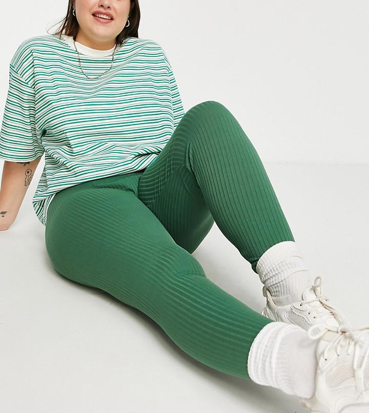 Asos Design Curve Ribbed Leggings In Khaki-green
