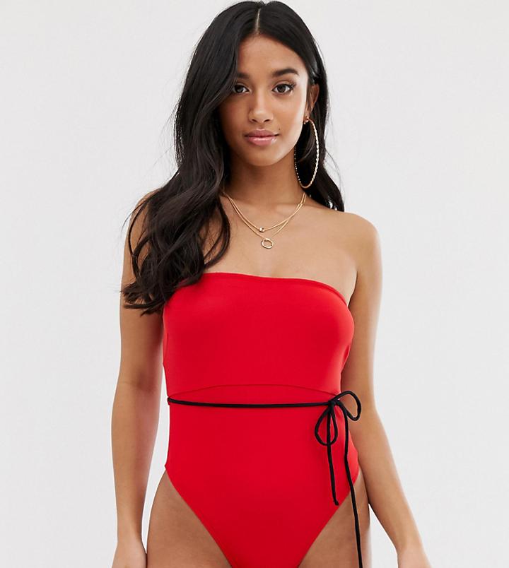 Asos Design Recycled Petite Clean Bandeau Swimsuit In Redcoat Red