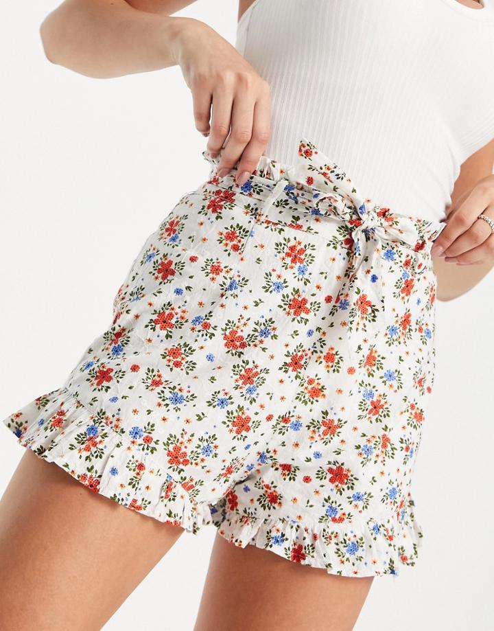 New Look Tie Waist Short In White Floral Print