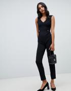 Lipsy V Neck Jumpsuit With Button Detail In Black - Black