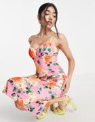 Asos Design Ruched Cupped Body-conscious Midi Dress In Pink Floral Print-multi