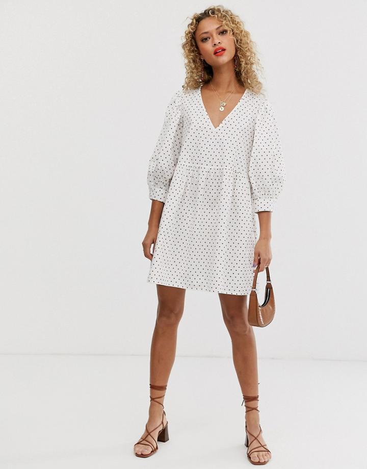 Asos Design V Front V Back Smock Mini Dress In Polka Dot-multi