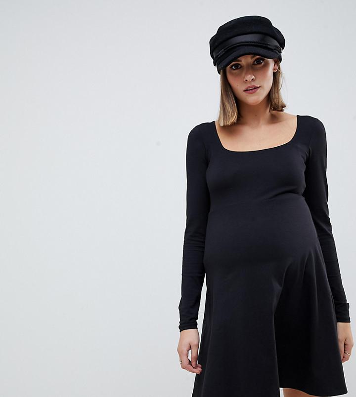 Asos Design Maternity Super Scoop Mini Skater Dress With Long Sleeves-black