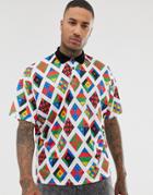 Asos Design Oversized Polo With All Over Mixed Print - White
