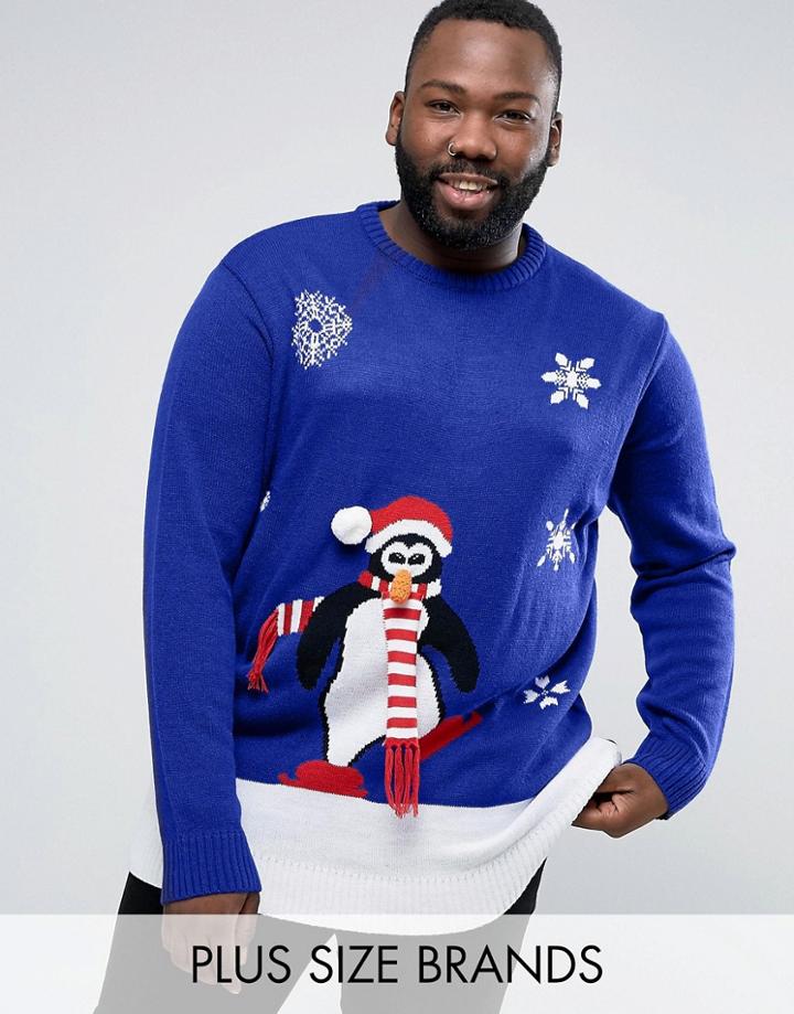 Duke Plus Holidays Sweater With 3d Penguin In Blue - Blue