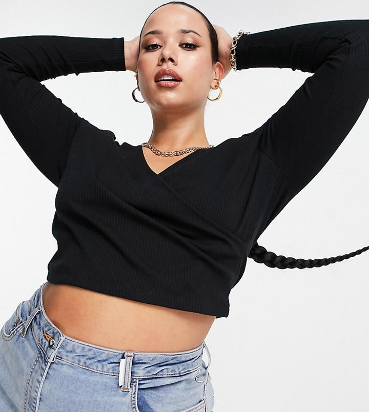 Asos Design Curve Long Sleeve Wrap Front Crop Top In Black
