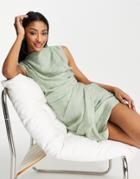 Asos Design Drape Mini Dress With Wrap Skirt In Textured Fabric In Sage-green