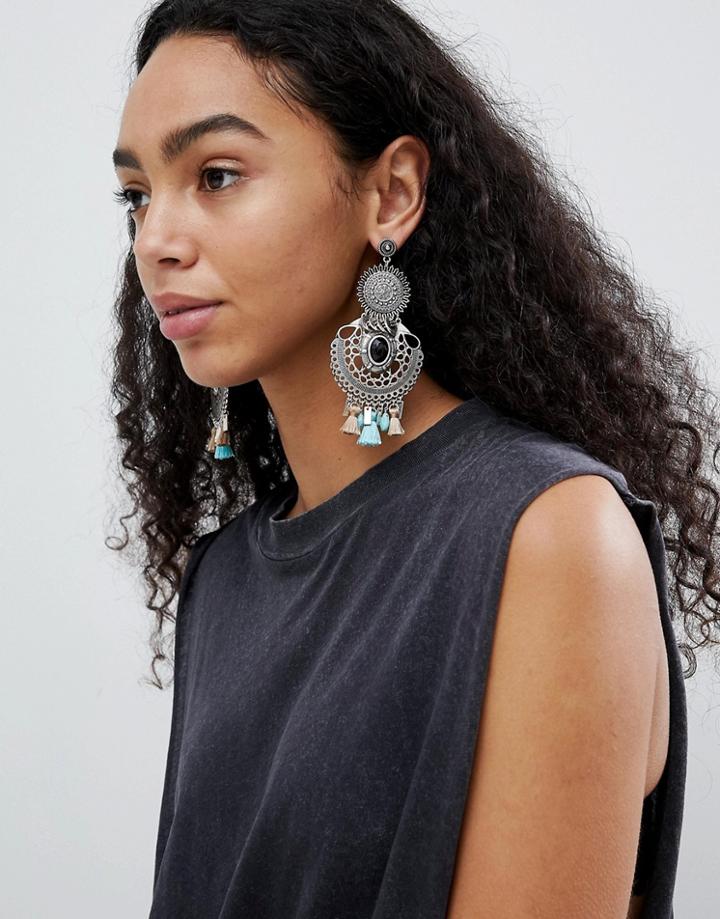 Asos Design Statement Enamel And Stone Disc Tassel Drop Earrings - Silver