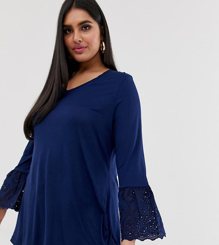 Simply Be Longline V Neck T-shirt With Broderie Sleeves In Navy-blue