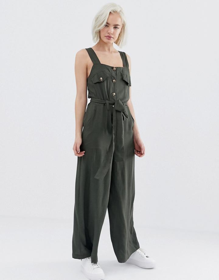 Asos Design Military Detail Button Through Jumpsuit - Green