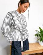 Topshop Belted Striped Blouse In Monochrome-black