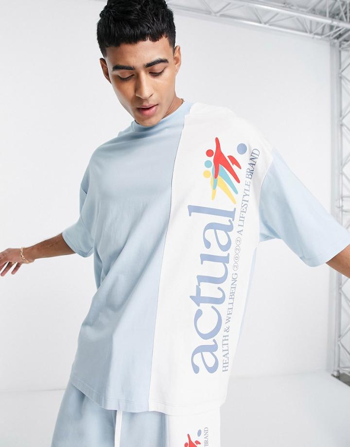 Asos Actual Oversized T-shirt With Splicing Detail And Logo Print In Blue - Part Of A Set
