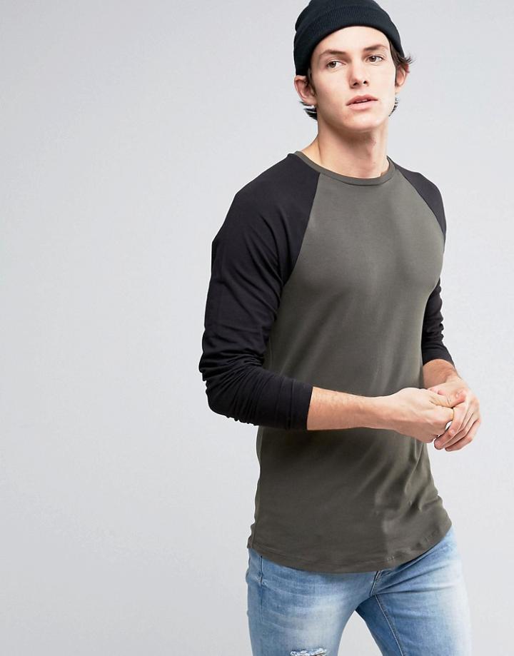 Asos Longline Muscle Contrast Raglan With Curved Hem - Green