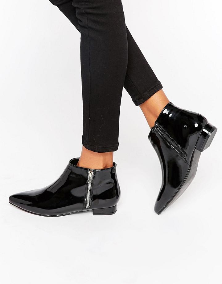 London Rebel Patent Point Flat Side Zip Boots - Black