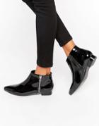 London Rebel Patent Point Flat Side Zip Boots - Black