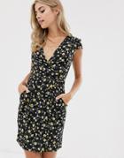 Qed London Wrap Front Tulip Dress In Black Floral - Black