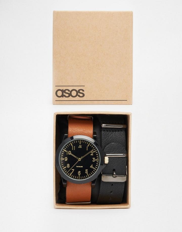 Asos Interchangeable Watch In Tan And Black - Black