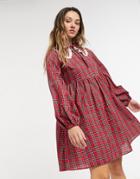 Vintage Supply Mini Smock Dress With Peter Pan Collar In Tartan-red