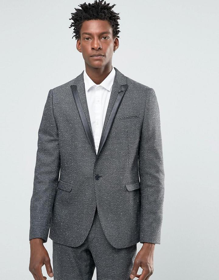 Asos Skinny Suit Jacket In Gray Fleck Herringbone - Gray