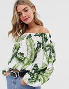 Asos Design Off Shoulder Top In Leaf Print - Multi