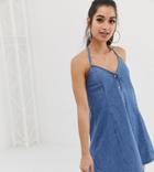 Asos Design Petite Denim Halter Neck Mini Dress With Buttons In Midwash Blue - Blue