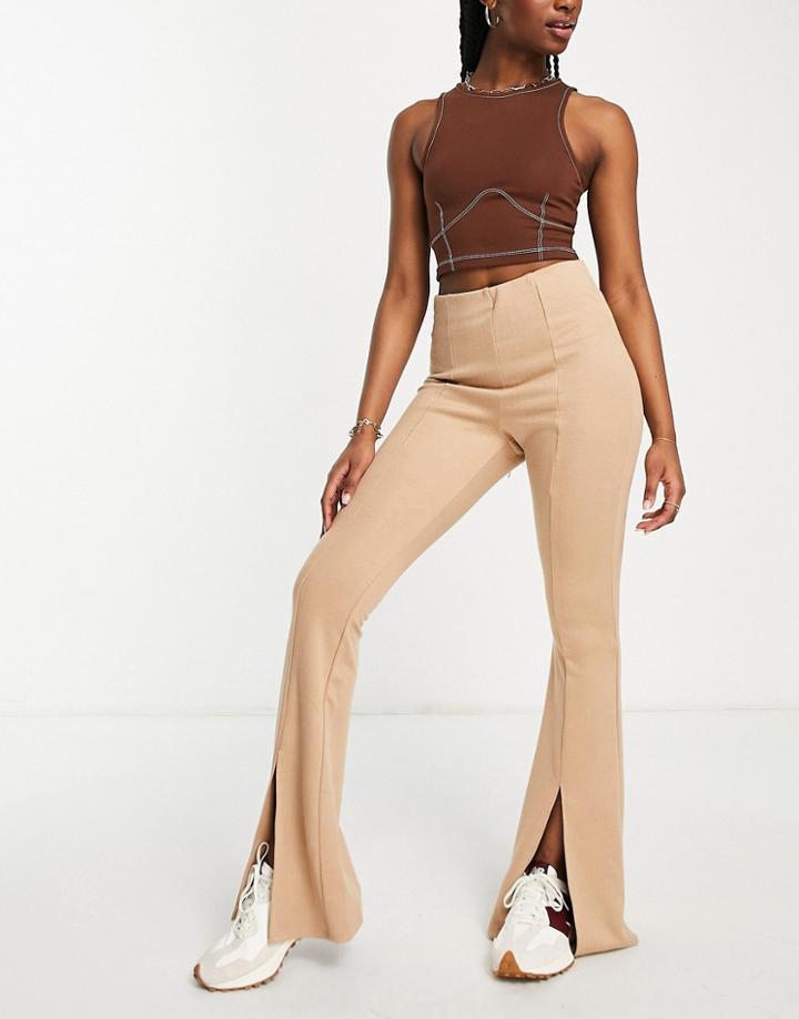 River Island Split Front Flare Pants In Beige-neutral