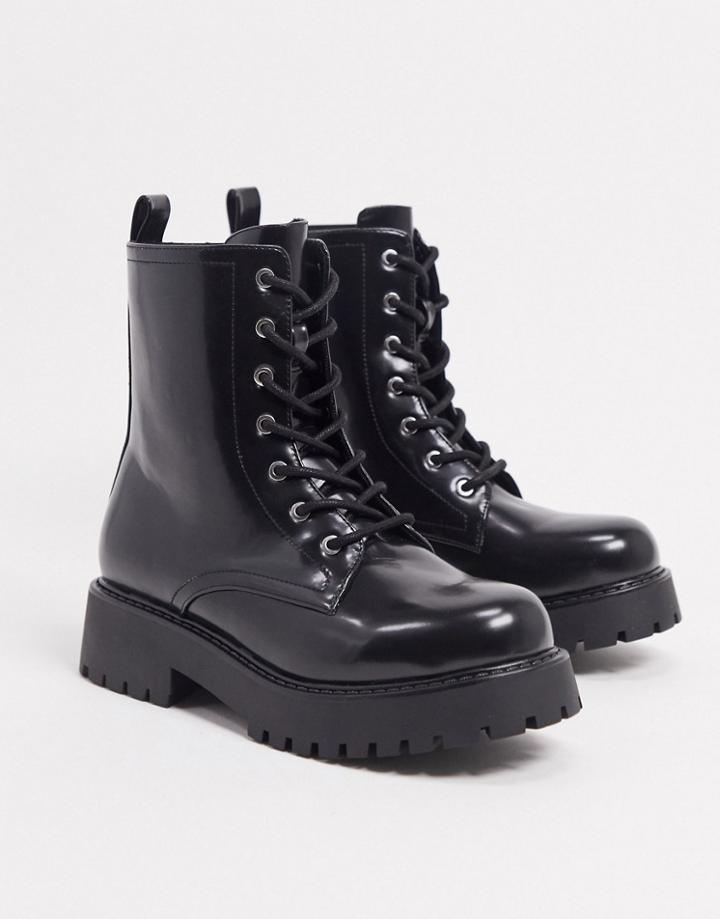 Monki Leandra Faux Leather Chunky Lace Up Boots In Black