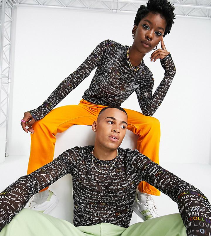 Collusion X Exist Loudly Unisex Slim Fit Crop Mesh Long Sleeve T Shirt With All Over Print-multi